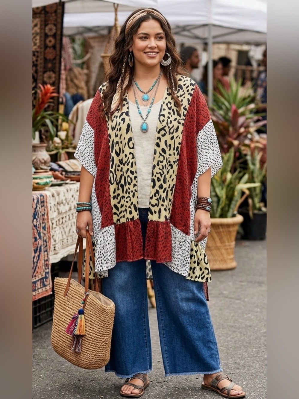 Cellabie Boho Mixed Animal Print Kimono Open Front Duster Cardigan Patchwork
